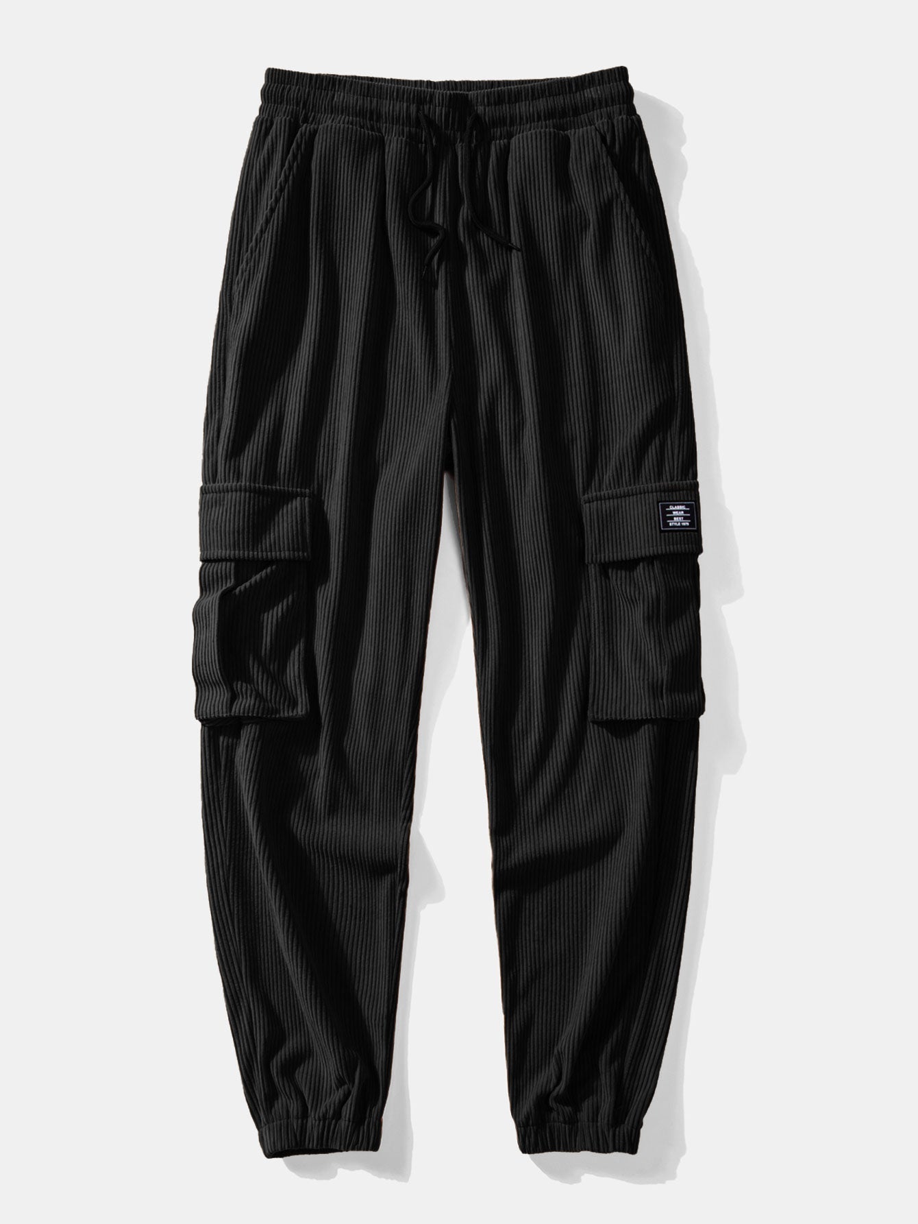 Long Sleeve Geometric Jacquard Arc Hem T-Shirt & Drawstring Corduroy Cargo Jogger Pants