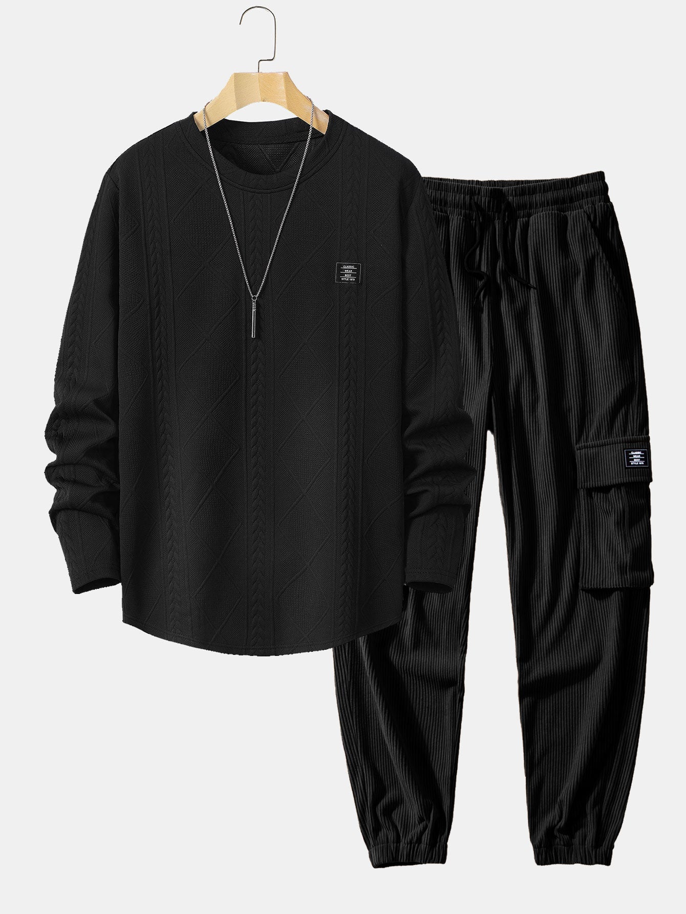 Long Sleeve Geometric Jacquard Arc Hem T-Shirt & Drawstring Corduroy Cargo Jogger Pants