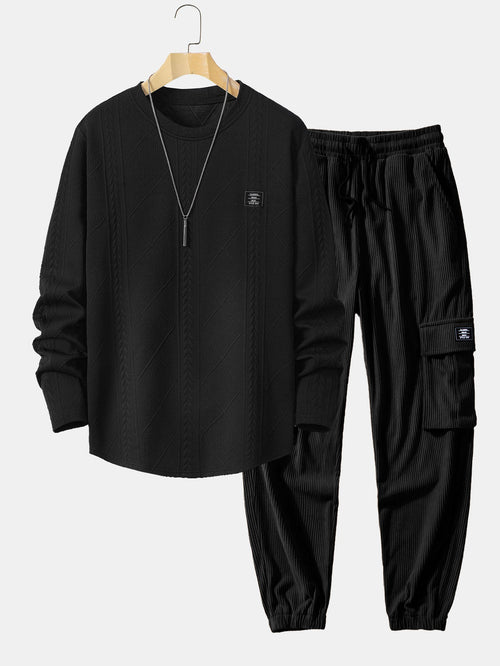 Long Sleeve Geometric Jacquard Arc Hem T-Shirt & Drawstring Corduroy Cargo Jogger Pants