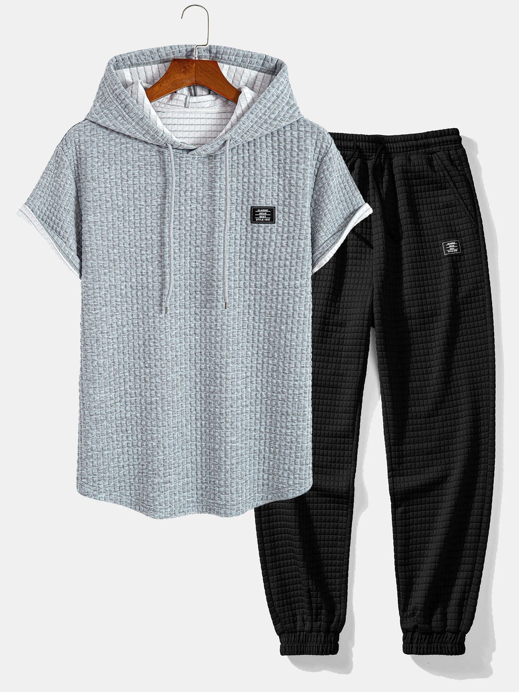 Waffle Hooded Arc Hem T-Shirt & Jogger Pants